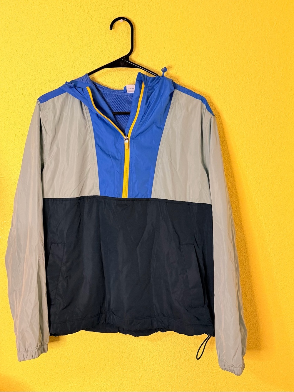 Old Navy Men's Blue, Gray & Black Colorblock Windbreaker with Yellow Trim